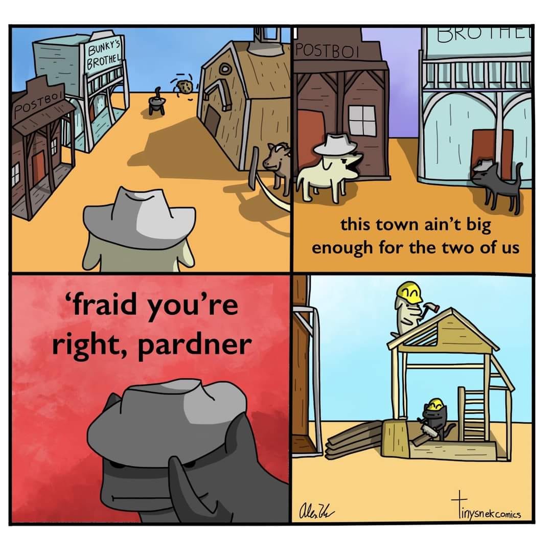 This meme is a humorous image that depicts a person standing in a Western-style town, with a sign that reads "This town ain't big enough for the two of us." The image is likely referencing a famous line from a movie or TV show, and is being used to imply that the person is about to engage in a confrontation or fight with someone else in the town. The text "This town ain't big enough for the two of us" is a nod to a classic line from the 1987 movie "The Untouchables," in which a character says this to a rival.